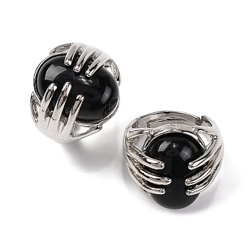 Oval Natural Obsidian Finger Ring, Rack Plating Platinum Tone Alloy Hug Adjustable Rings, Cadmium Free & Lead Free, Inner Diameter: 17mm