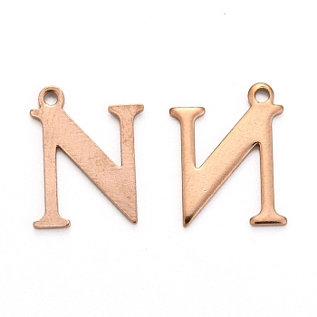 Ion Plating(IP) 304 Stainless Steel Alphabet Charms, Rose Gold, Letter.N, 12x9.5x1mm, Hole: 1mm