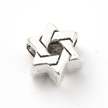 Tibetan Style Alloy European Beads, Large Hole Beads, Star of David, Antique Silver, 10.5x9x7.5mm, Hole: 4.7mm, about 442pcs/500g