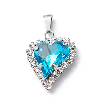 Glass Rhinestone Pendants, with 304 Stainless Steel Snap on Bails and Brass Findings, Heart, Aquamarine, 24mm