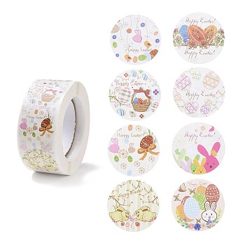 8 Patterns Easter Theme Self Adhesive Paper Sticker Rolls, with Rabbit Pattern, Round Sticker Labels, Gift Tag Stickers, Mixed Color, Easter Theme Pattern, 25x0.1mm, 500pcs/roll