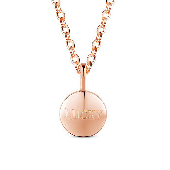 SHEGRACE 925 Sterling Silver Pendant Necklace, Flat Round with Word Lucky, Rose Gold, 15.75 inch(40cm)