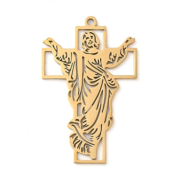 304 Stainless Steel Pendants, Jesus with Cross, Golden, 55x35x1.5mm, Hole: 2mm