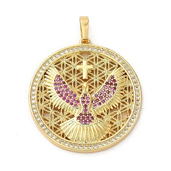 Flat Round with Pigeons & Cross Rack Plating Brass Micro Pave Cubic Zirconia Pendants, Long-Lasting Plated, Lead Free & Cadmium Free, Real 18K Gold Plated, 31.7x29.5x3mm, Hole: 5.9x3.4mm