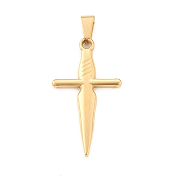 Ion Plating(IP) 304 Stainless Steel Pendants, Sword Charm, Golden, 45x25x3mm, Hole: 4x8mm