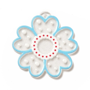 Transparent Printed Acrylic Pendants, Flower Charm, Sky Blue, 35x34x2.5mm, Hole: 1.5mm