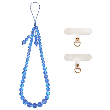 Round Synthetic Moonstone Beaded Mobile Straps, Nylon Cord with TPU Mobile Phone Lanyard Patch Mobile Accessories Decor, Blue, 23cm