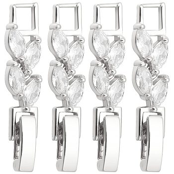 10Pcs Rack Plating Brass Clear Cubic Zirconia Watch Band Clasps, Cadmium Free & Lead Free, Long-Lasting Plated, Leaf, Platinum, 32x6x4mm, Hole: 3x3.7mm