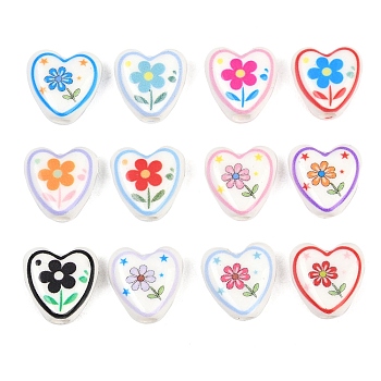Floral Printed Porcelain Beads, Heart with Flower Patterned Ceramic Beads, Mixed Color, 15x14.5~15.5x6.5~7mm, Hole: 3.5mm