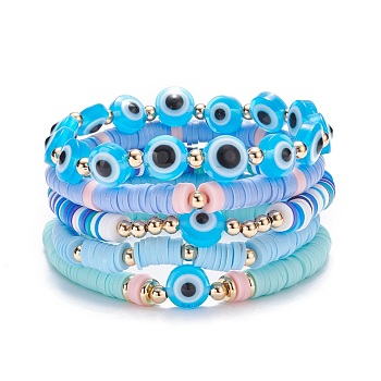 5Pcs 5 Style Polymer Clay Heishi Beaded Stretch Bracelets Set, Preppy Bracelets with Evil Eye for Women, Blue, Inner Diameter: 2-1/4 inch(5.8cm)