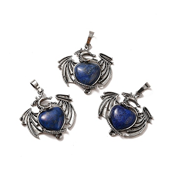Natural Lapis Lazuli Dyed Heart Pendants, Dragon Charms, with Rack Plating Antique Silver Plated Brass Findings, Lead Free & Cadmium Free, 33x33.5~34x7~7.5mm, Hole: 8x5mm