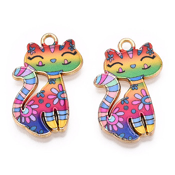 Printed Alloy Pendants, Lead Free & Cadmium Free & Nickel Free, Cat Charm, Golden, Colorful, 26x17x2mm, Hole: 2mm
