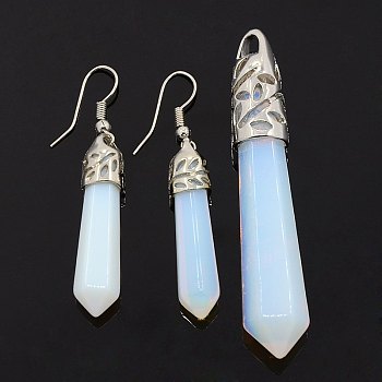 Bullet Opalite Jewelry Sets Earrings and Pointed Pendants, with Alloy Findings, 34x7x7mm, Pin: 0.8mm, 63~68x10~12x12mm, Hole: 4mm