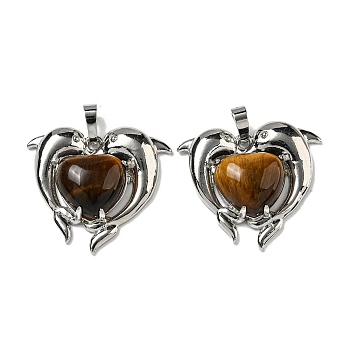 Natural Tiger Eye Heart Pendants, Rack Plating Brass Dolphin Charms, Platinum, Cadmium Free & Lead Free, 29x32.5x8.5mm, Hole: 8x5mm