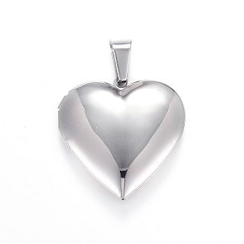 316 Stainless Steel Locket Pendants, Heart, Stainless Steel Color, 29x29x7mm, Hole: 9x5mm, Inner: 21x20mm