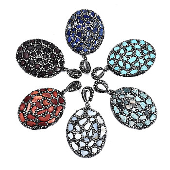 Polymer Clay Rhinestone Pendants, with Gemstone Chip/Natural Shell Chip and PU Leather, Oval, Gunmetal, PP12(1.8~1.9mm), 47~48x35~37x6~7mm,  Hole: 9x5mm