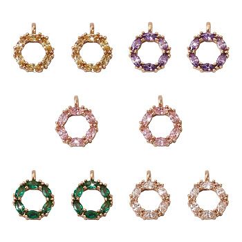 Jewelry 10Pcs 5 Colors Brass Micro Pave Cubic Zirconia Charms, Light Gold, Ring, Mixed Color, 9~13x7~10x2mm, Hole: 1mm, 2pcs/color