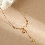 304 Stainless Steel Crystal Rhinestone Double Star Tassel Necklaces for Women, Golden, 17.32 inch(44cm)(WGF3CA2-01)