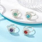 4Pcs 4 Styles Gemstone Finger Rings, Flower, with Brass Beads & Eco-Friendly Copper Wire, Silver, Inner Diameter: 18mm, 1pc/style(RJEW-TA00235-02)