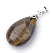 Natural Tiger Eye Pendants, with Alloy Findings, teardrop, Platinum, 23~24x14x8mm, Hole: 4x5mm(X-G-S243-07)