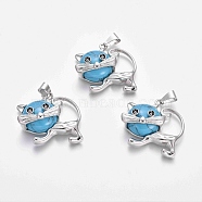 Synthetic Turquoise Kitten Pendants, with Platinum Tone Brass Findings, Cartoon Cat Shape, 28x30x9mm, Hole: 5x7mm(G-J386-C03)