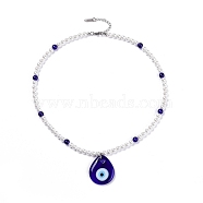 Lampwork Teardrop with Evil Eye Pendant Necklaces, with Glass Pearl and Glass Beads, Blue, 18.5 inch(47cm)(NJEW-JN03485)