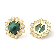 Natural Malachite Hexagon Stud Earrings with Plastic Pearl Beaded, Real 14K Gold Plated Brass Jewelry, 17x18mm(EJEW-E287-01G-01)