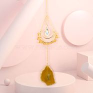 Natural Citrine Chip Wrapped Moon Hanging Ornaments, Glass Teardrop and Agate Slices Tassel Suncatchers for Home Outdoor Decoration, 430mm(PW-WG89822-05)
