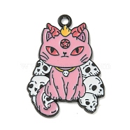 Halloween Theme Alloy Enamel Pendants, Black, Cat with  Skull Charm, Pink, 30x22x1.5mm, Hole: 1.8mm(ENAM-I060-07A)