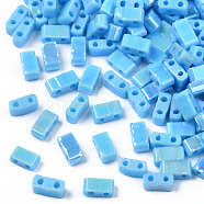 2-Hole Opaque Glass Seed Beads, AB Colours, Rectangle, Deep Sky Blue, 4.5~5.5x2~2.5x2mm, Hole: 0.5~0.8mm(SEED-N004-002-B01)