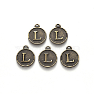 Alloy Pendant Cabochon Settings, For Enamel, Cadmium Free & Lead Free, Flat Round with Letter, Antique Bronze, Letter.L, 14x12x2mm, Hole: 1.5mm(PALLOY-N156-01L-AB)