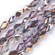 Electroplate Glass Beads Strands, Half Plated, teardrop, Faceted, Colorful, 8.5x6x6mm, Hole: 1mm, 21.2~23.2 inch(54~59cm), 65~70pcs/strand(EGLA-I009-HP02)