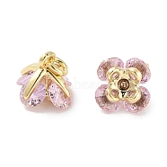 Brass Micro Pave Cubic Zirconia Charms, with Jump Ring, Flower, Real 18K Gold Plated, Pink, 7.5x7.5x7.5mm, Hole: 1.8mm(KK-C051-14G-03)