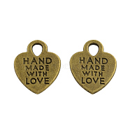 Tibetan Style Alloy Heart Charms, with Phrase Hand Made with Love, Cadmium Free & Nickel Free & Lead Free, Antique Bronze, 15x12x1mm, Hole: 2.5mm, about 1333pcs/1000g(TIBEP-Q035-07AB-NR)