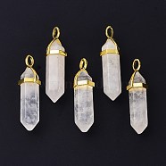 Natural Quartz Crystal Pointed Pendants, Rock Crystal Pendants, with Random Brass Pendant Hexagon Bead Cap Bails, Golden, Bullet, 38.5~40x12~12.5x10~11mm, Hole: 3x4.5mm(G-G025-01G-44)