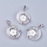 Natural Quartz Crystal Pendants, Rock Crystal Pendants, with Shell, Rhinestone and Platinum Tone Brass Findings, Flat Round with Flower, 35.5~36x28x8mm, Hole: 5x8mm(G-F546-A21)