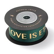 Polyester Grosgrain Ribbons, with Single Face Golden Hot Stamping, for DIY Gift Packing, Flower Packaging, Word Love is Eternal, Sea Green, 1 inch(25mm), 10 yards/roll(91.44m/roll)(SRIB-H307-02E)