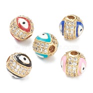 Brass Micro Pave Cubic Zirconia Charms, with Enamel,  Long-Lasting Plated, Flat Round with Evil Eye, Real 18K Gold Plated  , Mixed Color, 8mm, Hole: 2mm(ZIRC-A019-16G-A)