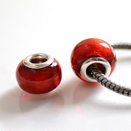 Handmade Silver Foil Glass European Beads, with Silver Color Plated Brass Cores, Rondelle, Red, 14x10mm, Hole: 5mm(LPDL-R008-04)