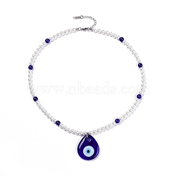 Lampwork Teardrop with Evil Eye Pendant Necklaces, with Glass Pearl and Glass Beads, Blue, 18.5 inch(47cm)(NJEW-JN03485)
