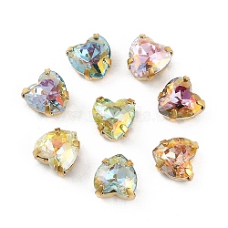 Brass Glass Rhinestone Sew on Rhinestones, Heart, Faceted, Mixed Color, Golden, 8x8x5.5mm, Hole: 0.8mm(RGLA-U001-11G-01)