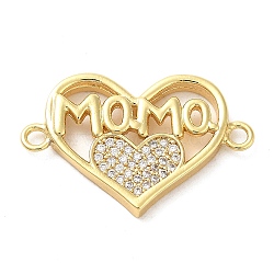 Brass Micro Pave Clear Cubic Zirconia Mama Connector Charms, Mother's Day Word Links, Real 16K Gold Plated, Heart, 16x25x3mm, Hole: 1.8mm(FIND-Z041-12A)