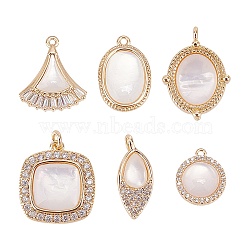 ARRICRAFT 6Pcs 6 Styles Brass Micro Pave Clear Cubic Zirconia Pendants, with Shell, Real 18K Gold Plated, 13~19x12~15x3~4mm, Hole: 1~2.5mm, 1pc/style(KK-AR0004-24)