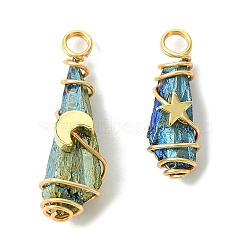2Pcs Electroplated Natural Quartz Crystal Dyed Copper Wire Wrapped Pendants, Teardrop Charms with Brass Star & Moon, Golden, 28~37x9.5~15.5x7.5~16mm, Hole: 3.5~4mm(PALLOY-JF03169-01)