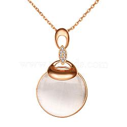 Real Rose Gold Plated Tin Alloy Cat Eye Flat Round Pendant Necklaces, 18 inch(NJEW-BB06262-RG)