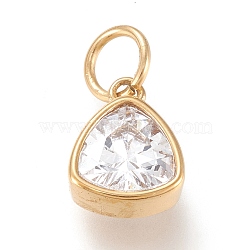 Vacuum Plating 304 Stainless Steel Cubic Zirconia Pendant, Triangle, Golden, Clear, 12.5x9.5x5mm, Hole: 5mm(ZIRC-P080-A09)