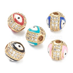 Brass Micro Pave Cubic Zirconia Charms, with Enamel,  Long-Lasting Plated, Flat Round with Evil Eye, Real 18K Gold Plated  , Mixed Color, 8mm, Hole: 2mm(ZIRC-A019-16G-A)