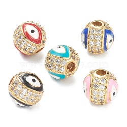 Brass Micro Pave Cubic Zirconia Beads, with Enamel,  Long-Lasting Plated, Flat Round with Evil Eye, Real 18K Gold Plated, Mixed Color, 8mm, Hole: 2mm(ZIRC-A019-16G-A)