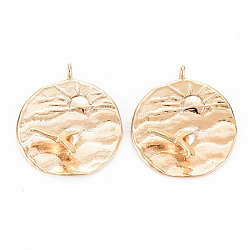 Brass Pendants, Nickel Free, Flat Round with Sun & 3D Fish, Real 18K Gold Plated, 21x18x6.5mm, Hole: 1.6mm(KK-S356-515-NF)