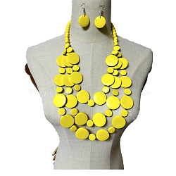 Ethnic Style Wood Flat Round Beaded Multilayer Necklaces & Dangle Earrings Sets, Yellow, 580mm(WG19BD2-07)